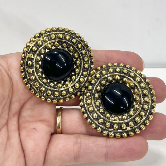 Vintage Large Round Black Middle Statement Clip On Earrings Antiques Gold Tone 1980’s - 1990’s TheGreenGlassGemShop