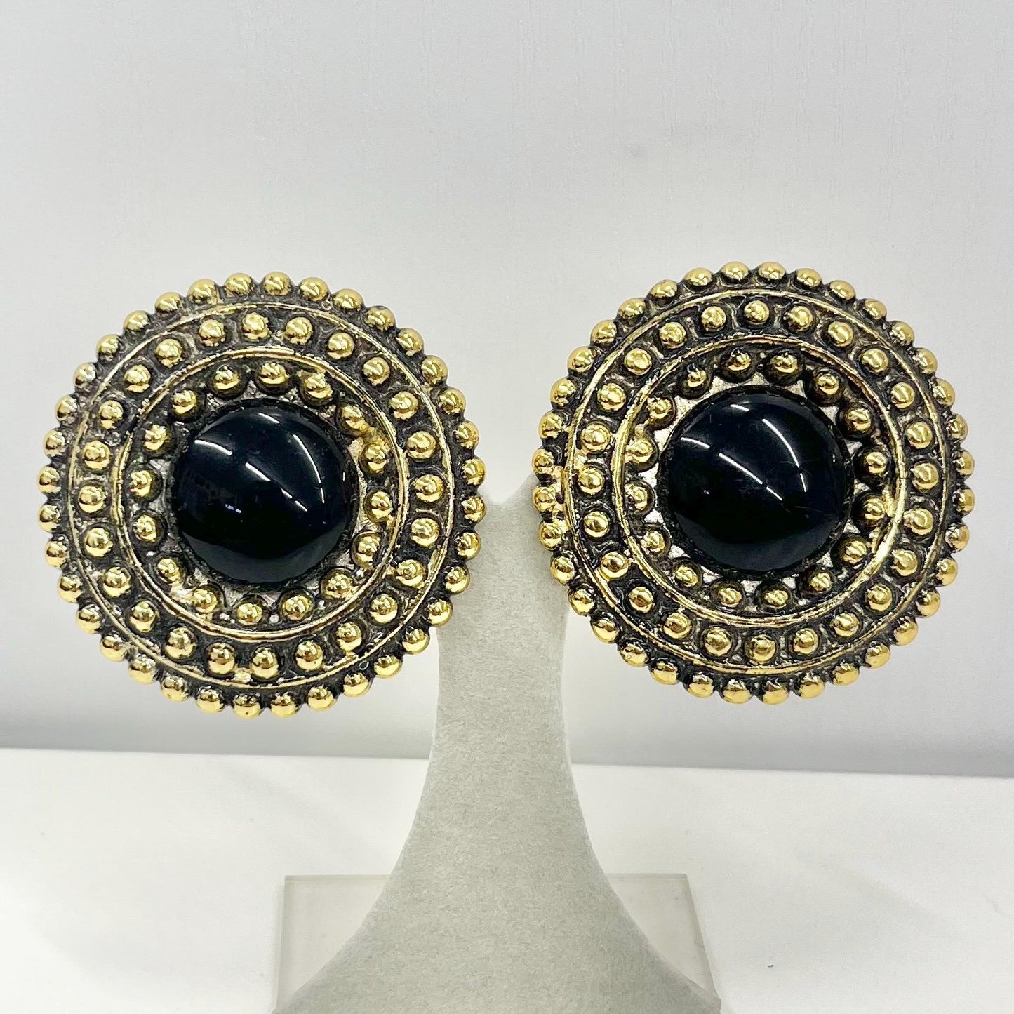 Vintage Large Round Black Middle Statement Clip On Earrings Antiques Gold Tone 1980’s - 1990’s TheGreenGlassGemShop