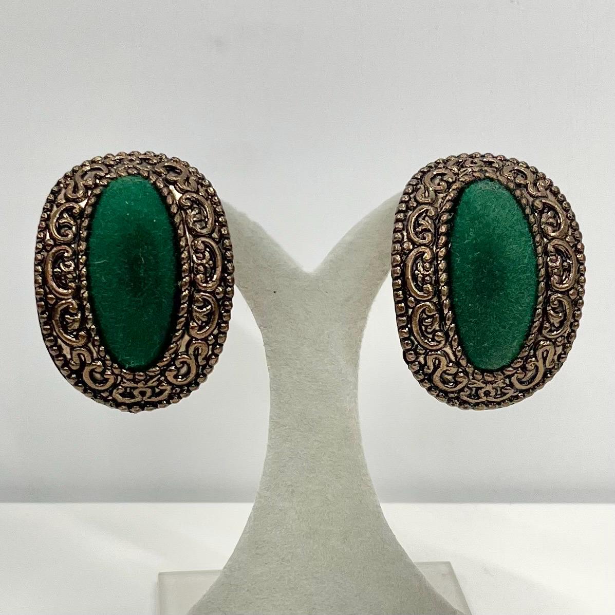 Vintage Chunky Oval Domed Green Velvet Middle Statement Clip On Earrings Antique Bronze Tone 1980’s - 1990’s TheGreenGlassGemShop