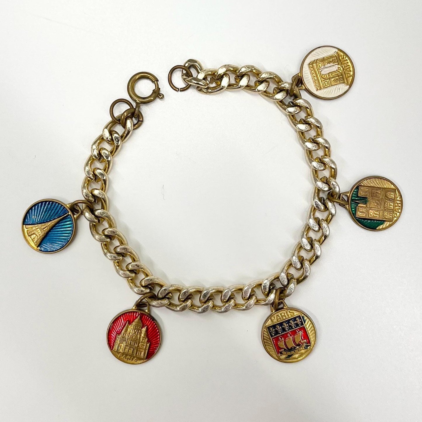 Vintage 1970’s Enamelled Paris France Charm Bracelet Kitsch Costume Jewellery 7.5” TheGreenGlassGemShop