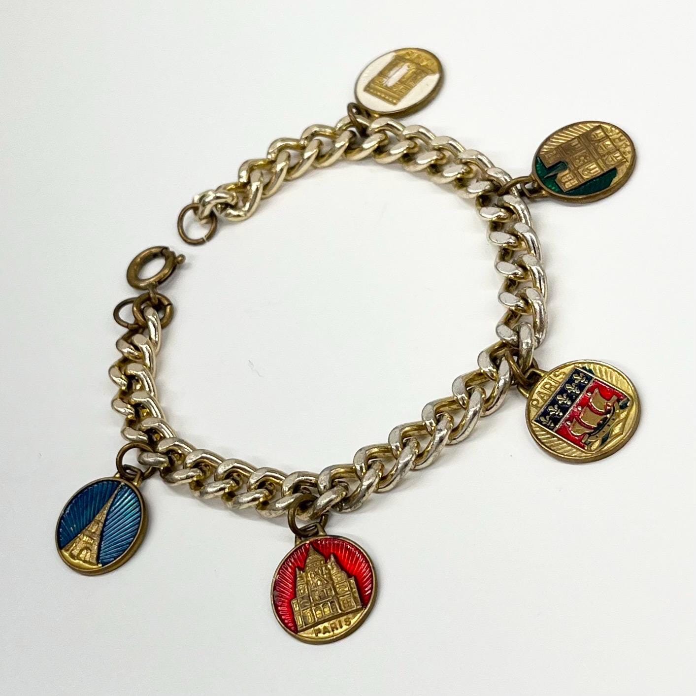 Vintage 1970’s Enamelled Paris France Charm Bracelet Kitsch Costume Jewellery 7.5” TheGreenGlassGemShop