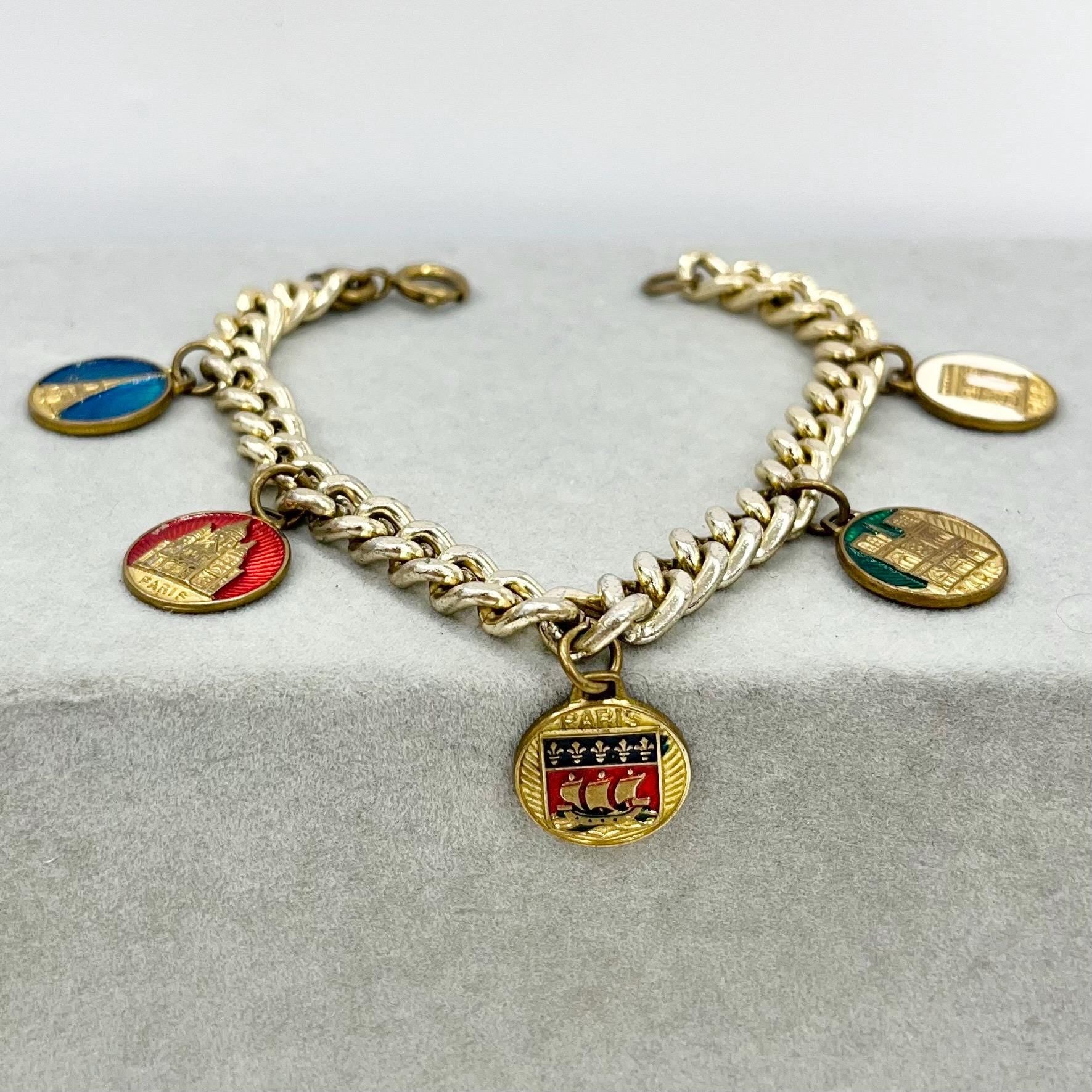 Vintage 1970’s Enamelled Paris France Charm Bracelet Kitsch Costume Jewellery 7.5” TheGreenGlassGemShop