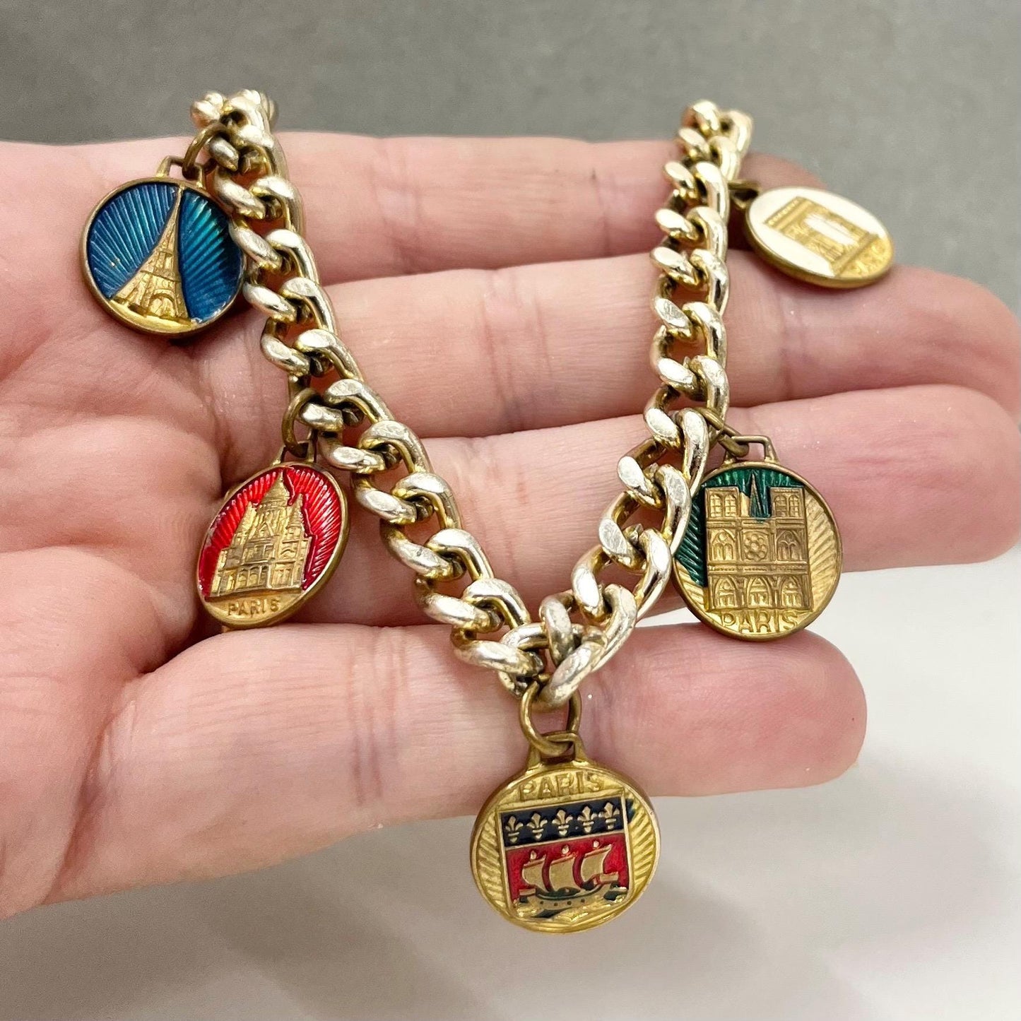 Vintage 1970’s Enamelled Paris France Charm Bracelet Kitsch Costume Jewellery 7.5” TheGreenGlassGemShop