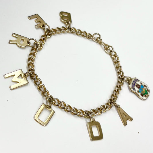 Vintage 1970’s Gold Tone Enamelled Crest Bermuda Letter Charm Bracelet Kitsch Costume Jewellery 7.75” TheGreenGlassGemShop