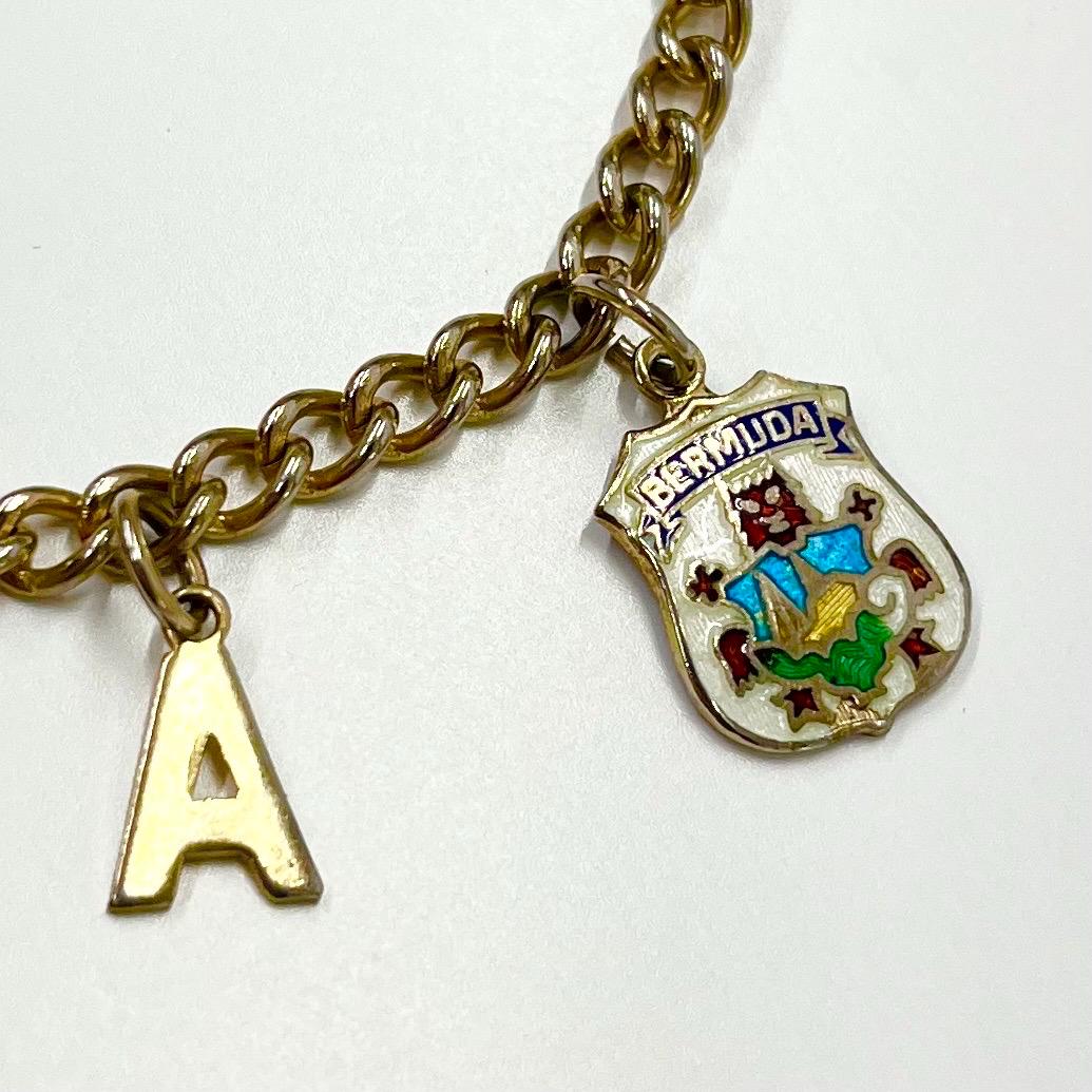 Vintage 1970’s Gold Tone Enamelled Crest Bermuda Letter Charm Bracelet Kitsch Costume Jewellery 7.75” TheGreenGlassGemShop