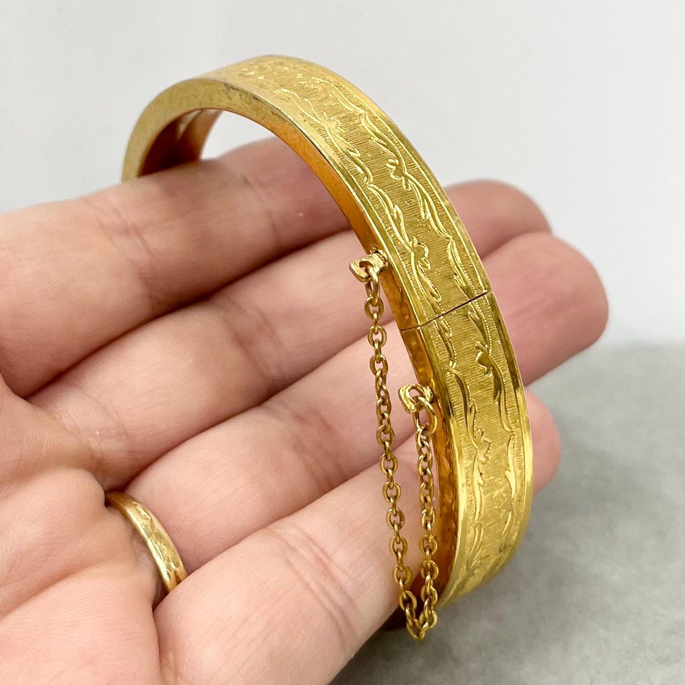 Vintage Gold Plate 1970’s 1980’s Engraved Pattern Bracelet Bangle with Safety Chain Costume Jewellery TheGreenGlassGemShop