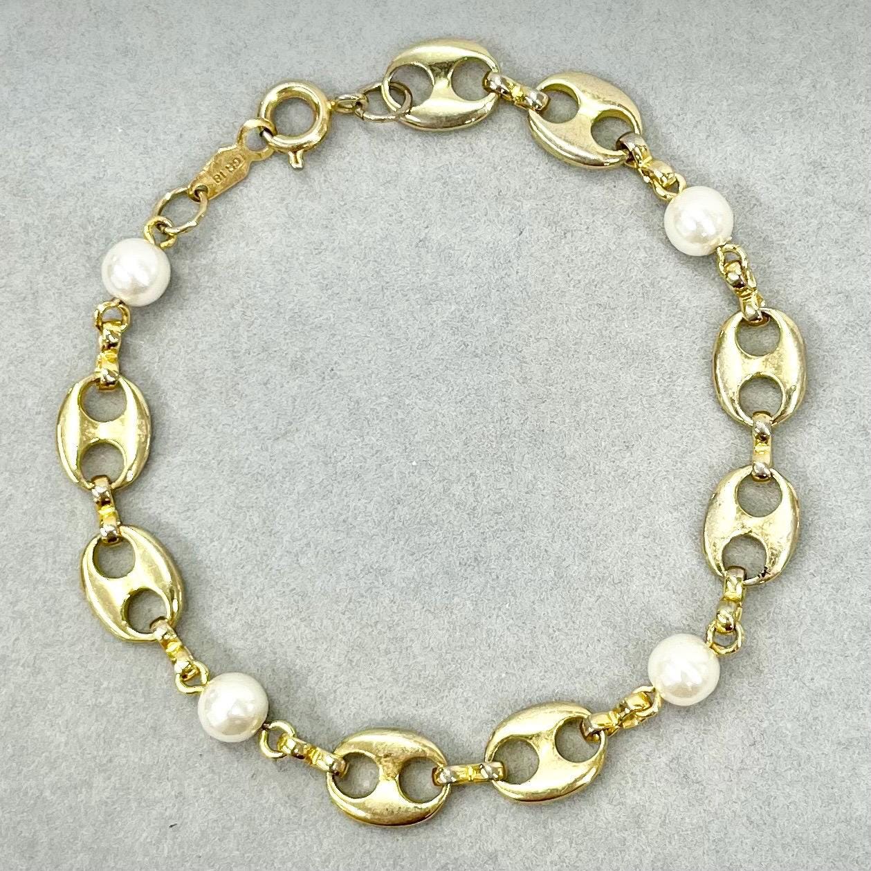 Vintage 18k Gold Plate Unusual Link and Glass Pearl Bead Bracelet Power Dressing Costume Jewellery 7.75” Long TheGreenGlassGemShop