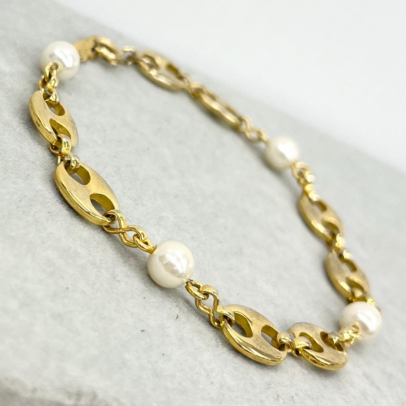 Vintage 18k Gold Plate Unusual Link and Glass Pearl Bead Bracelet Power Dressing Costume Jewellery 7.75” Long TheGreenGlassGemShop