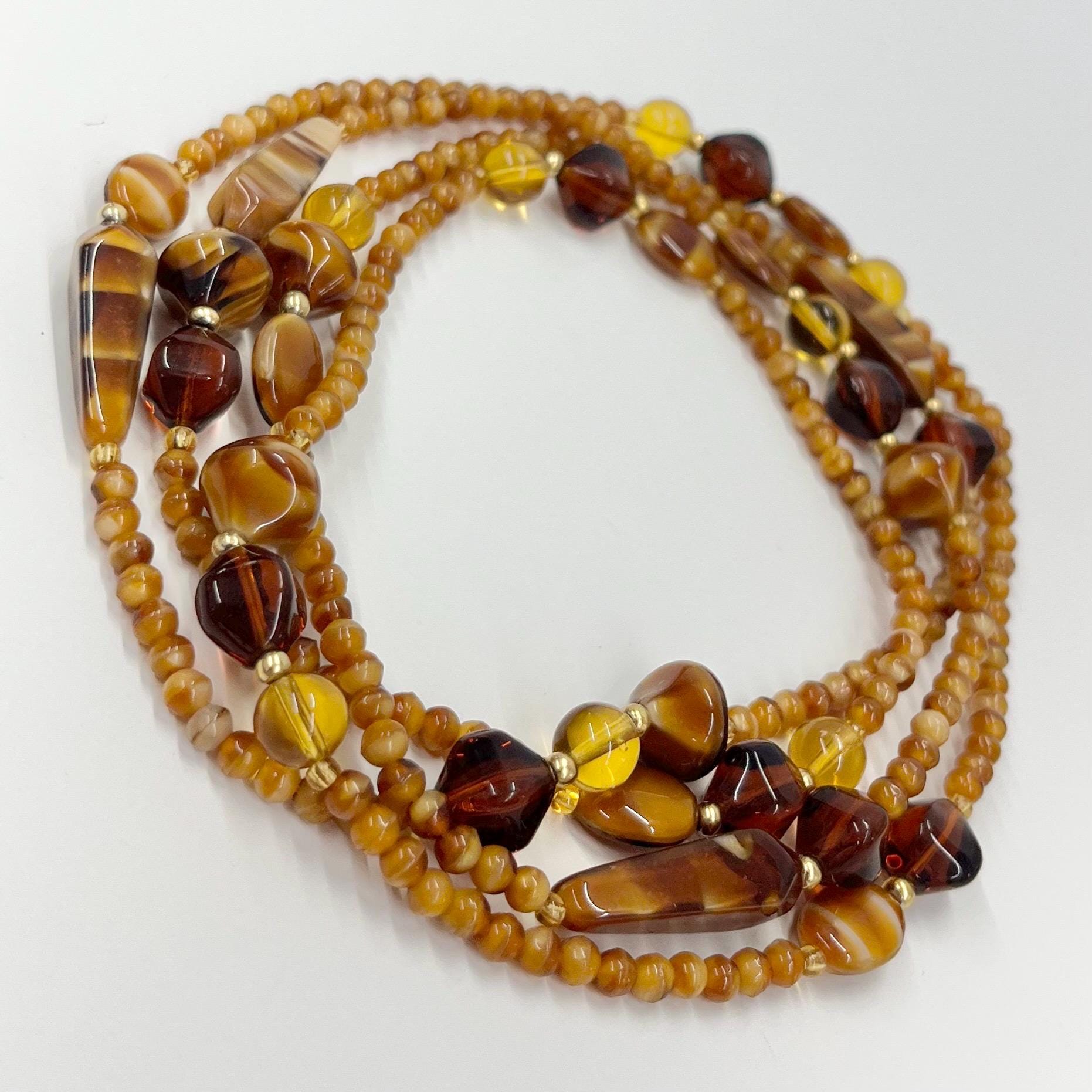 Vintage 46” Long Amber / Brown Coloured Glass Beaded Necklace Great Quality Oval Round & Bicone Beads Vintage Jewellery TheGreenGlassGemShop