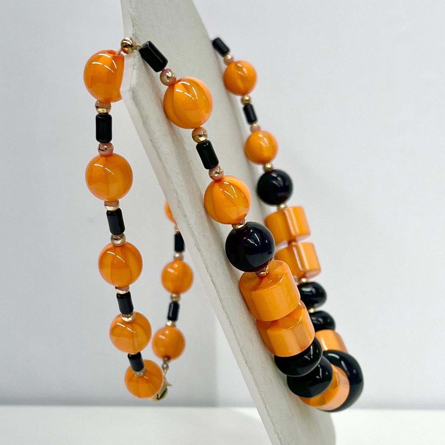 Vintage Bright Orange & Black Acrylic / Lucite / Plastic Barrel Bead Necklace 23” Long Chunky 12 x 20mm Beads TheGreenGlassGemShop