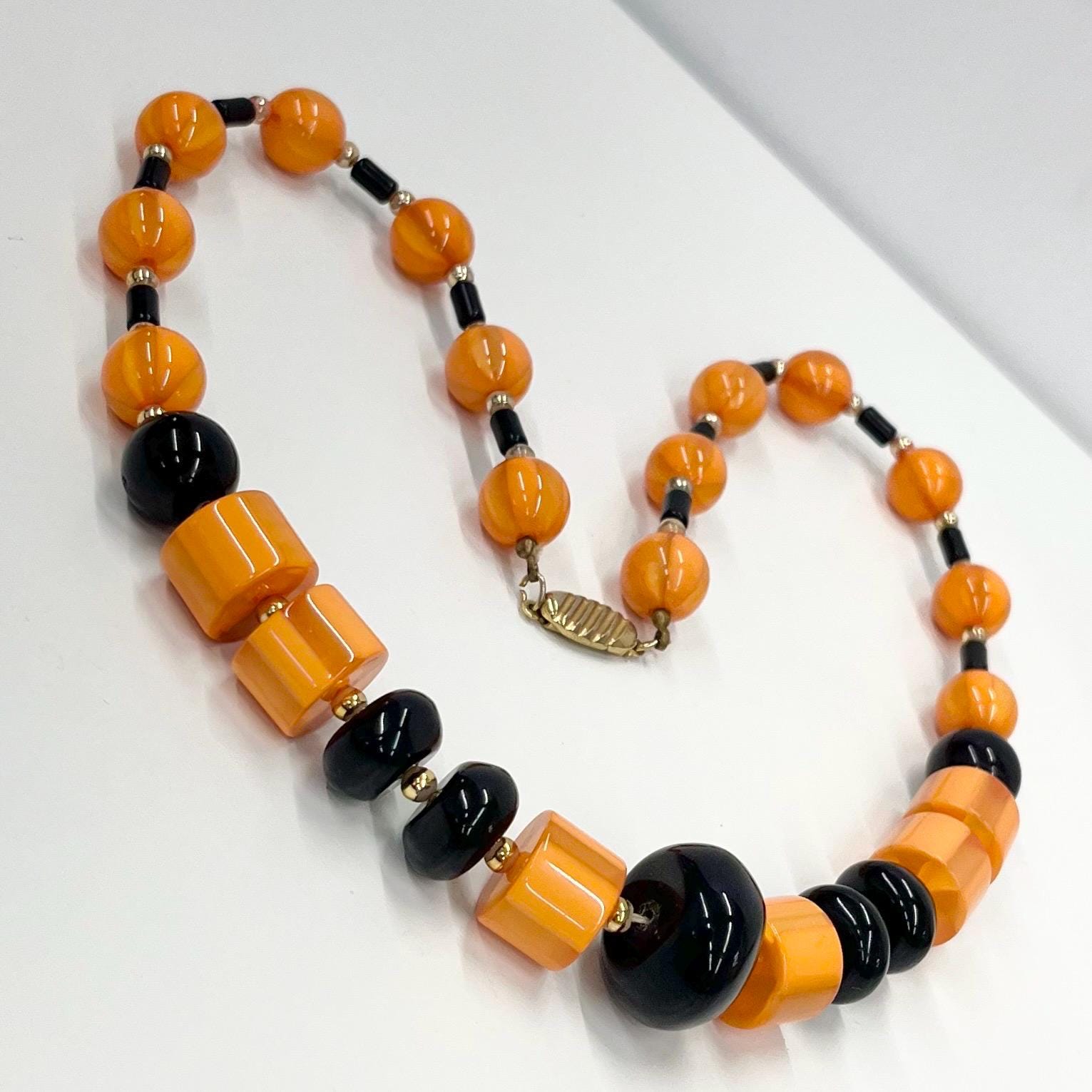 Vintage Bright Orange & Black Acrylic / Lucite / Plastic Barrel Bead Necklace 23” Long Chunky 12 x 20mm Beads TheGreenGlassGemShop