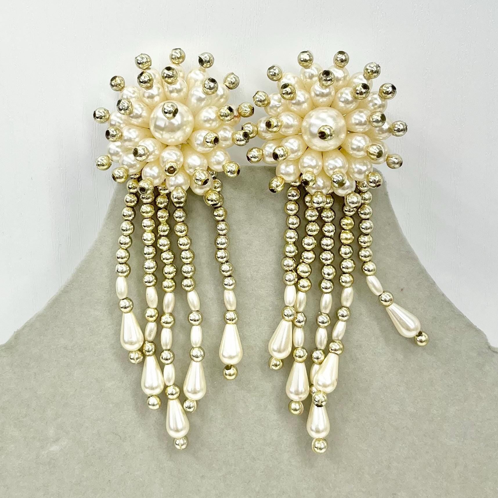 Vintage Faux Cream Pearl Cluster Statement Drop Clip On Earrings Fabulous Light Weight Hollywood Glamour TheGreenGlassGemShop