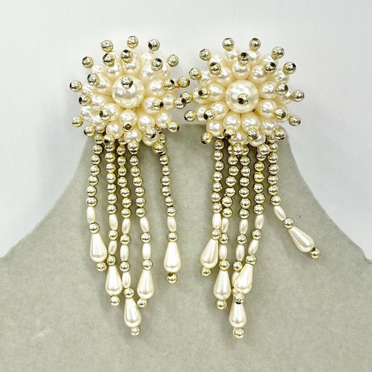 Vintage Faux Cream Pearl Cluster Statement Drop Clip On Earrings Fabulous Light Weight Hollywood Glamour TheGreenGlassGemShop