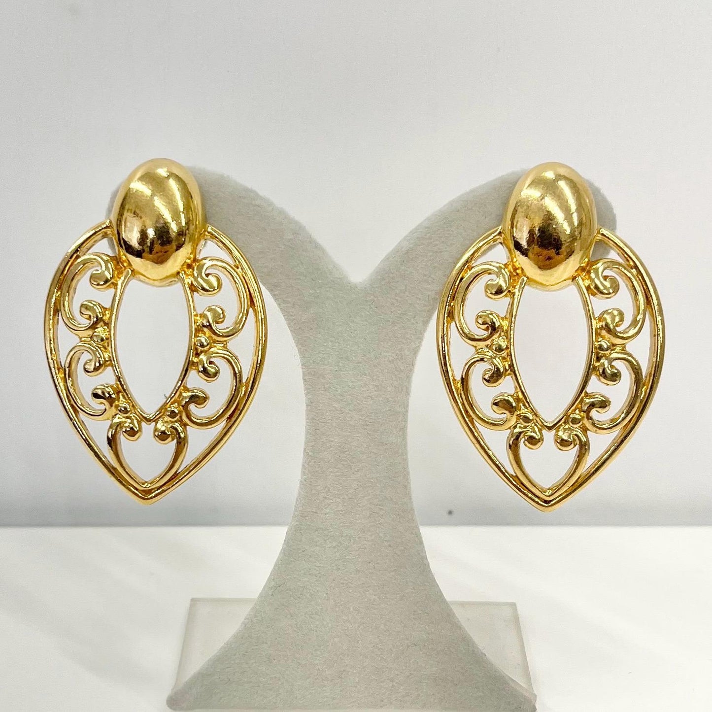 Vintage Gold Tone Large Almond Drop Clip On Earrings Cut Out Filigree Hoop Design 1970’s - 1980’s TheGreenGlassGemShop