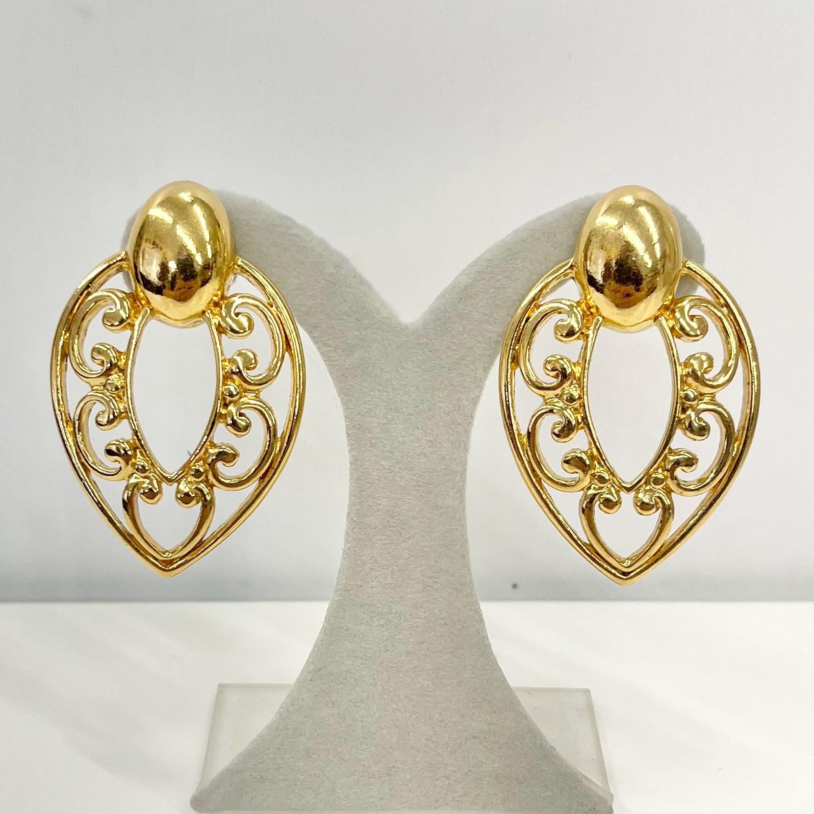 Vintage Gold Tone Large Almond Drop Clip On Earrings Cut Out Filigree Hoop Design 1970’s - 1980’s TheGreenGlassGemShop