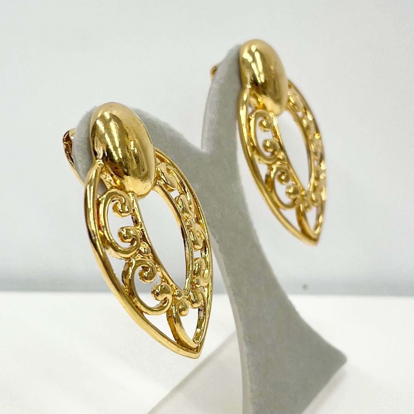 Vintage Gold Tone Large Almond Drop Clip On Earrings Cut Out Filigree Hoop Design 1970’s - 1980’s TheGreenGlassGemShop