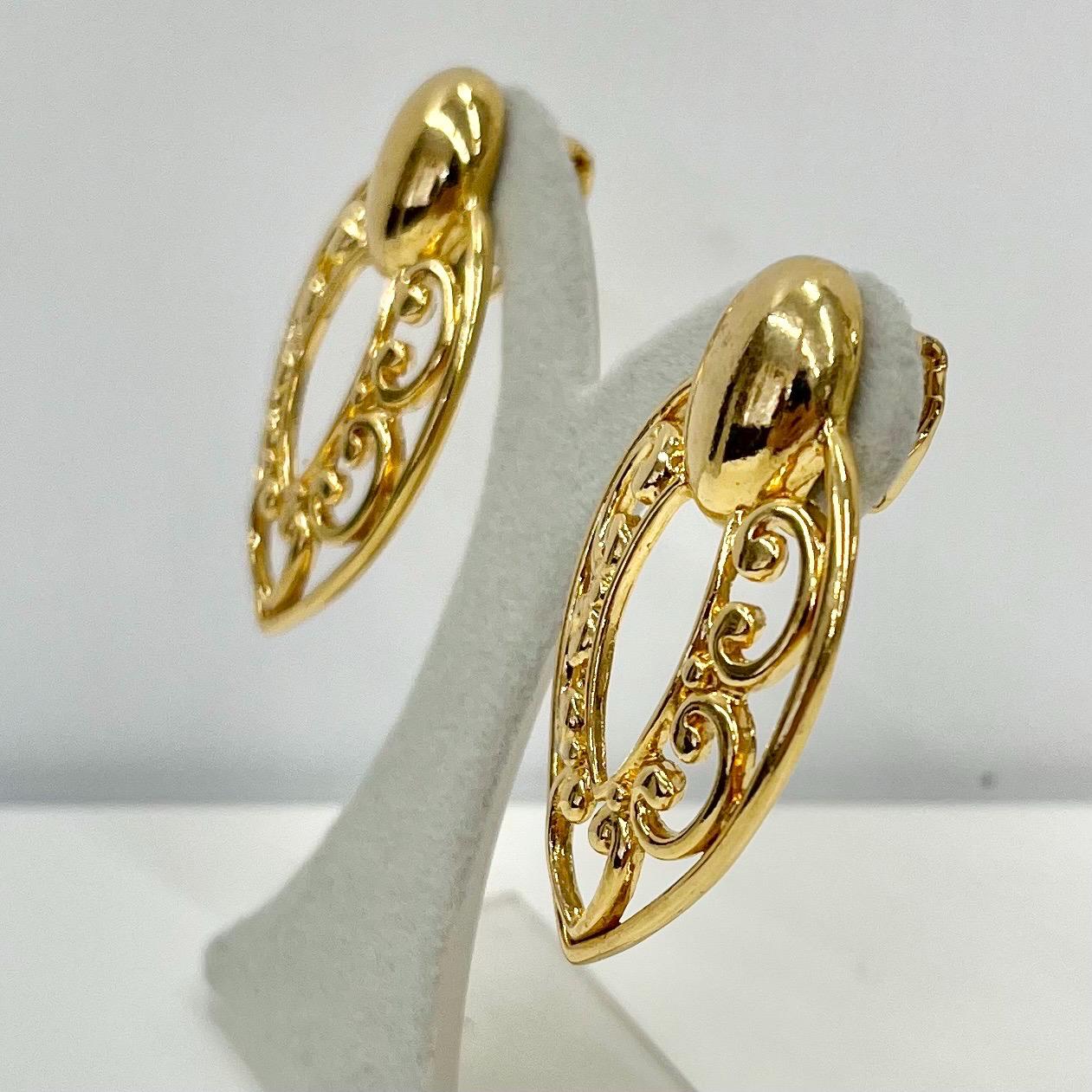 Vintage Gold Tone Large Almond Drop Clip On Earrings Cut Out Filigree Hoop Design 1970’s - 1980’s TheGreenGlassGemShop