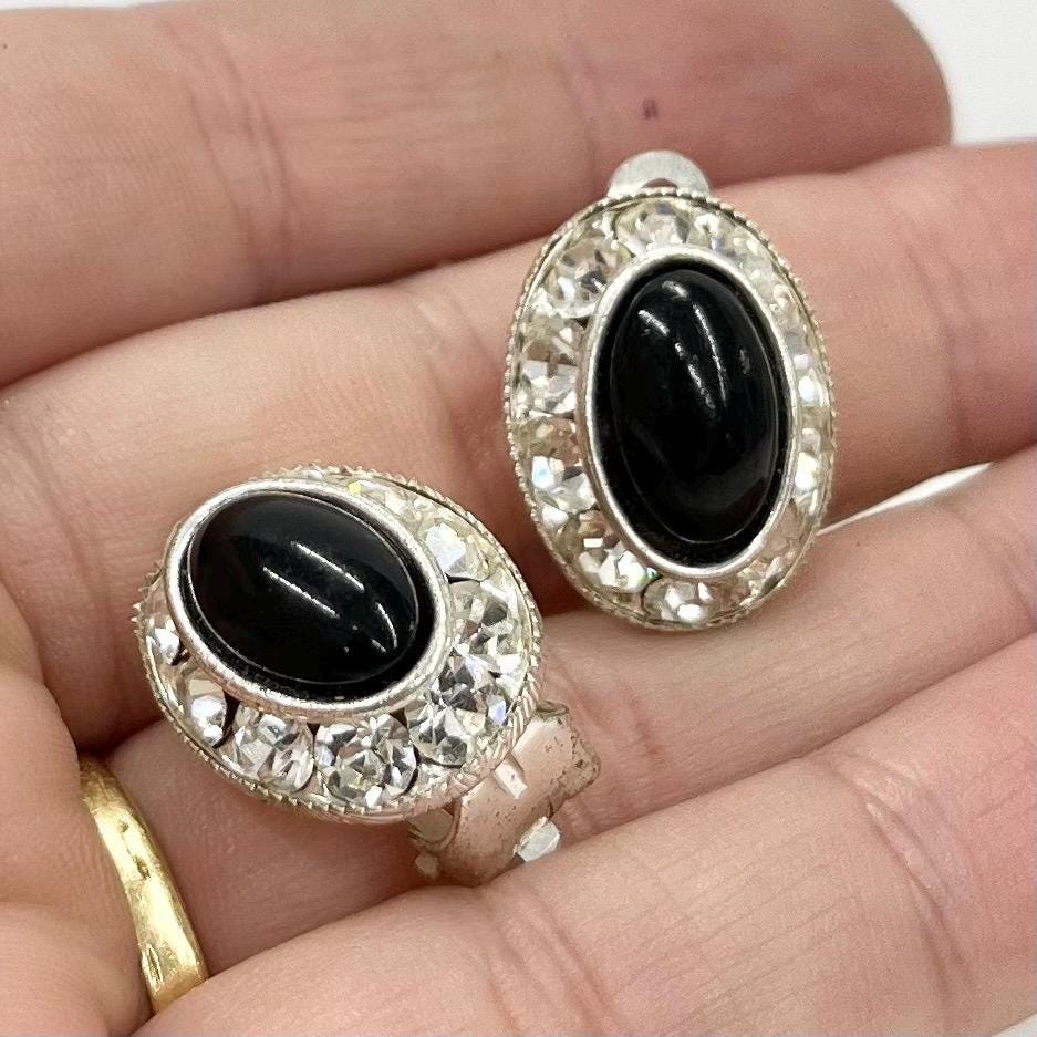 Vintage Silver Tone Black Glass Cabochon Clip On Earrings with a Clear Crystal Halo 1970’s - 1980’s TheGreenGlassGemShop