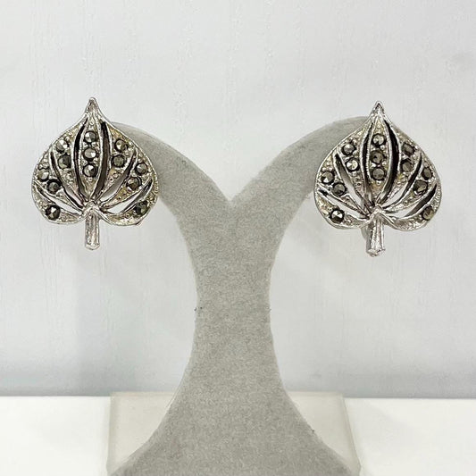 Vintage Silver Tone Marcasite Heart Leaf Filigree Earrings Clip On Screwback for Non Pierced Ears TheGreenGlassGemShop