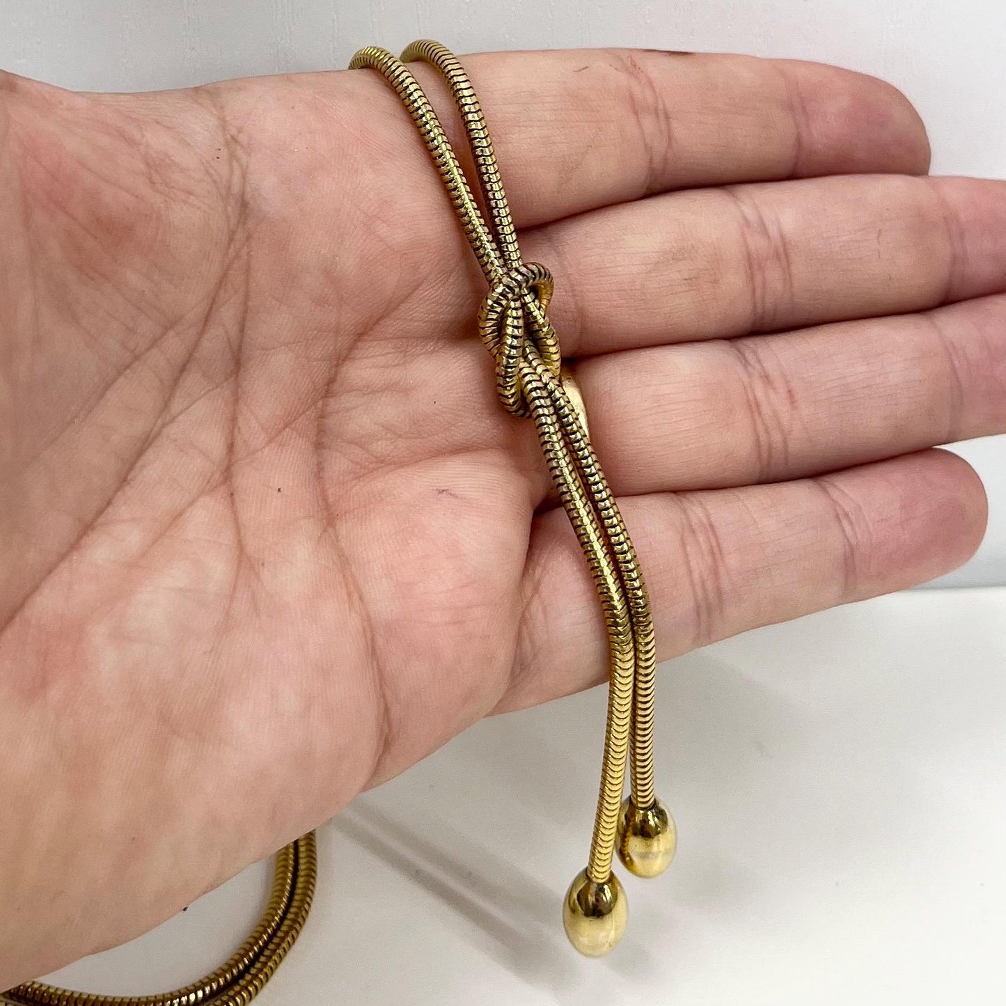 Vintage Gold Plated Snake Chain Knot Drop Necklace 1970’s - 1980’s Statement Lariat Chain 19.5” TheGreenGlassGemShop