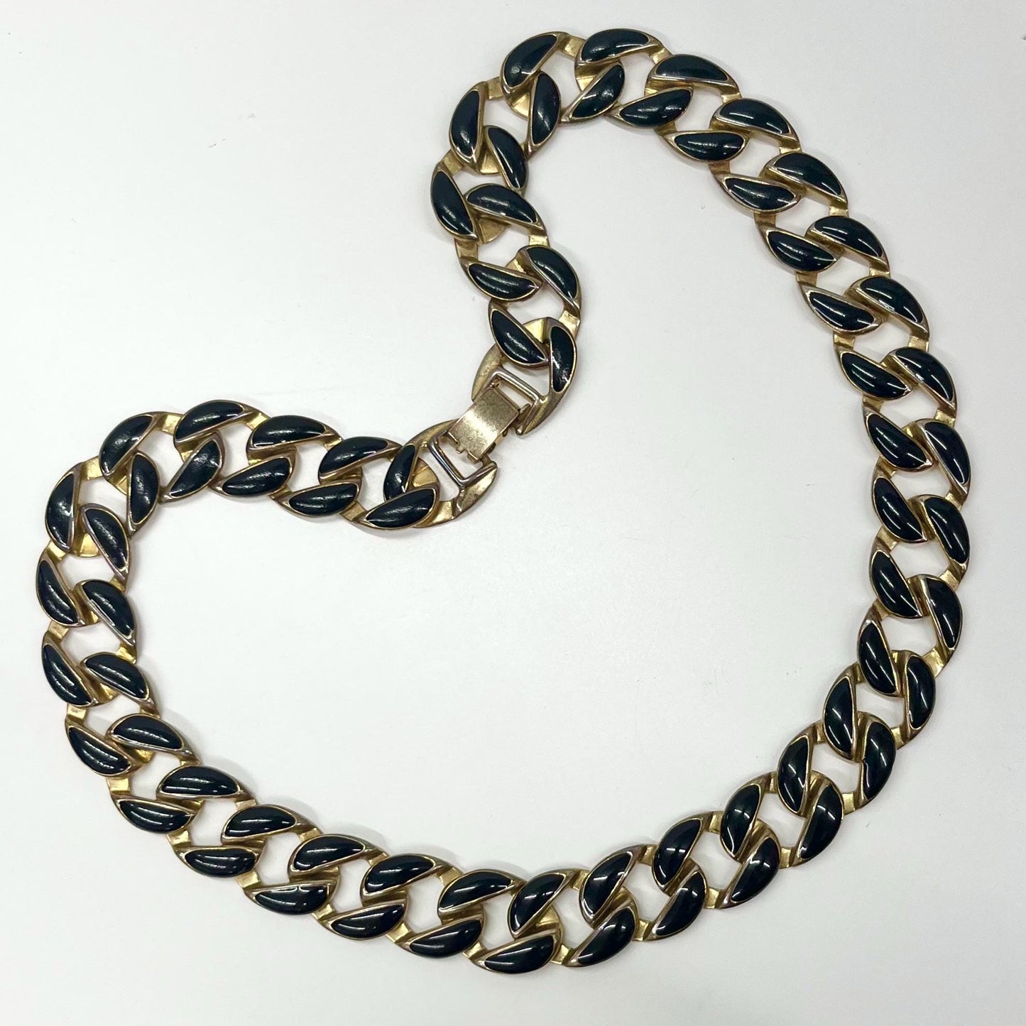 Vintage Gold Tone Black Enamelled Flat Curb Chain Necklace Fabulous 1970’s - 1980’s Collar Style Necklace TheGreenGlassGemShop