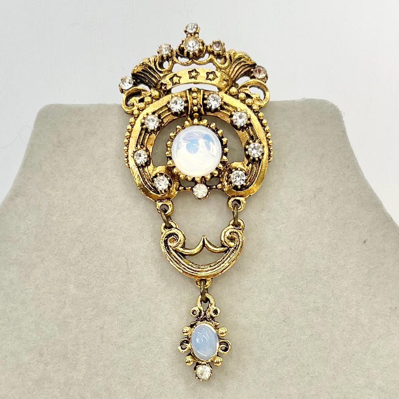 Vintage Crown Detailed Long Drop Brooch Gold Plate with an Opaline Czech Glass Cabochon TheGreenGlassGemShop