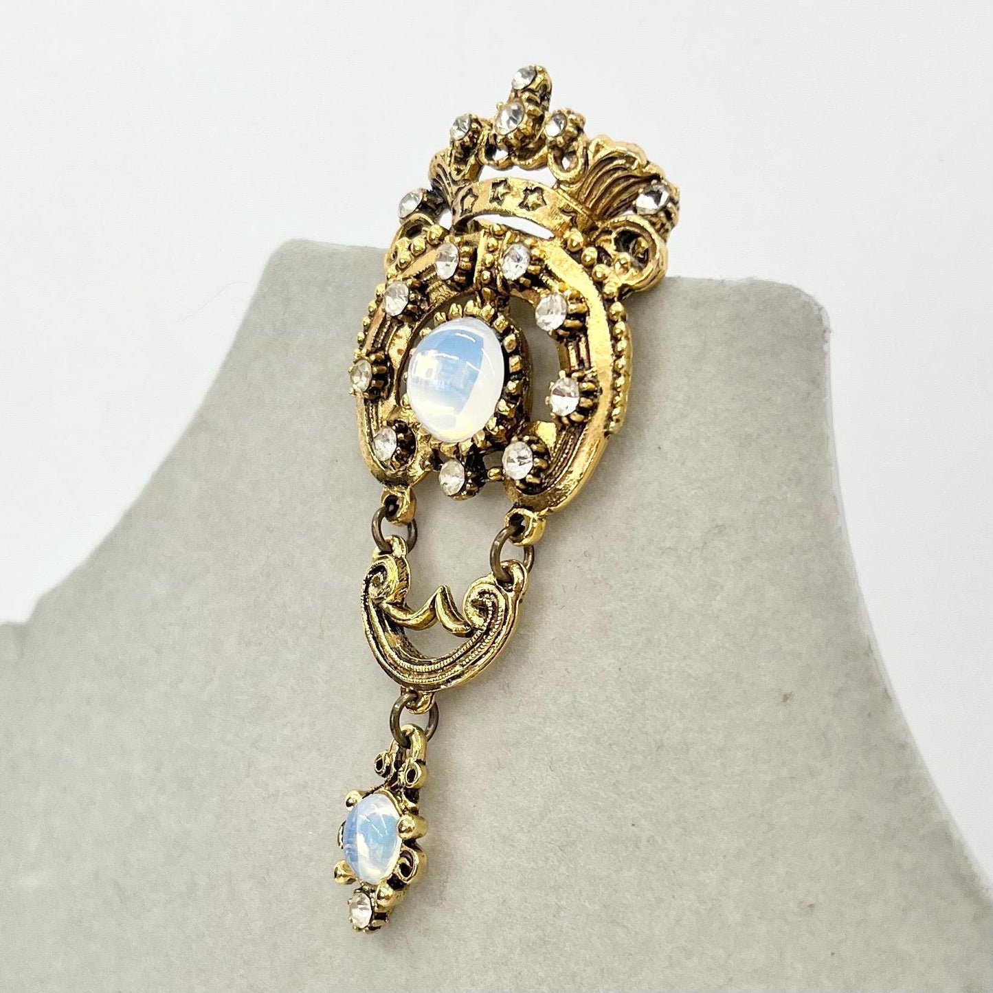 Vintage Crown Detailed Long Drop Brooch Gold Plate with an Opaline Czech Glass Cabochon TheGreenGlassGemShop