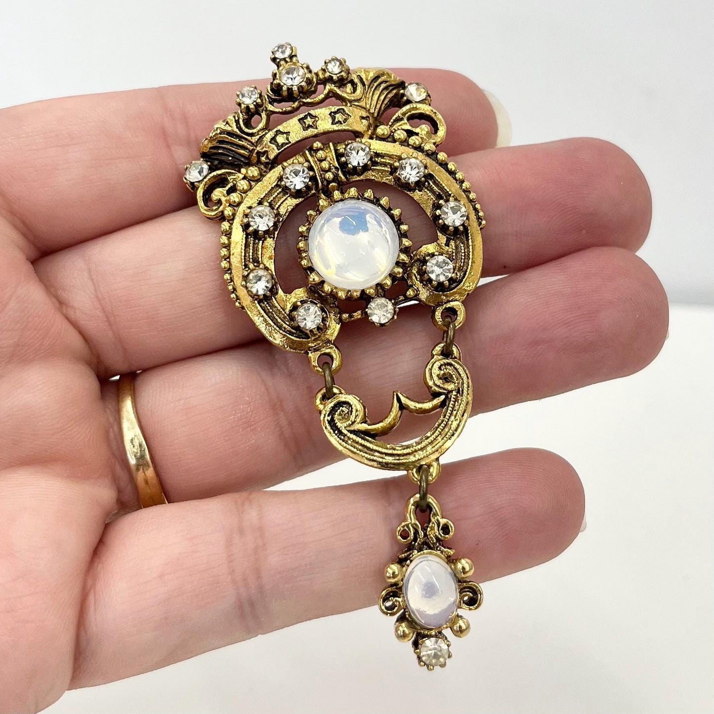 Vintage Crown Detailed Long Drop Brooch Gold Plate with an Opaline Czech Glass Cabochon TheGreenGlassGemShop