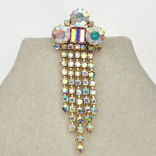 Vintage Aurora Borealis Austrian Crystal Long Tassle Drop Brooch Gold Plate Statement Piece TheGreenGlassGemShop