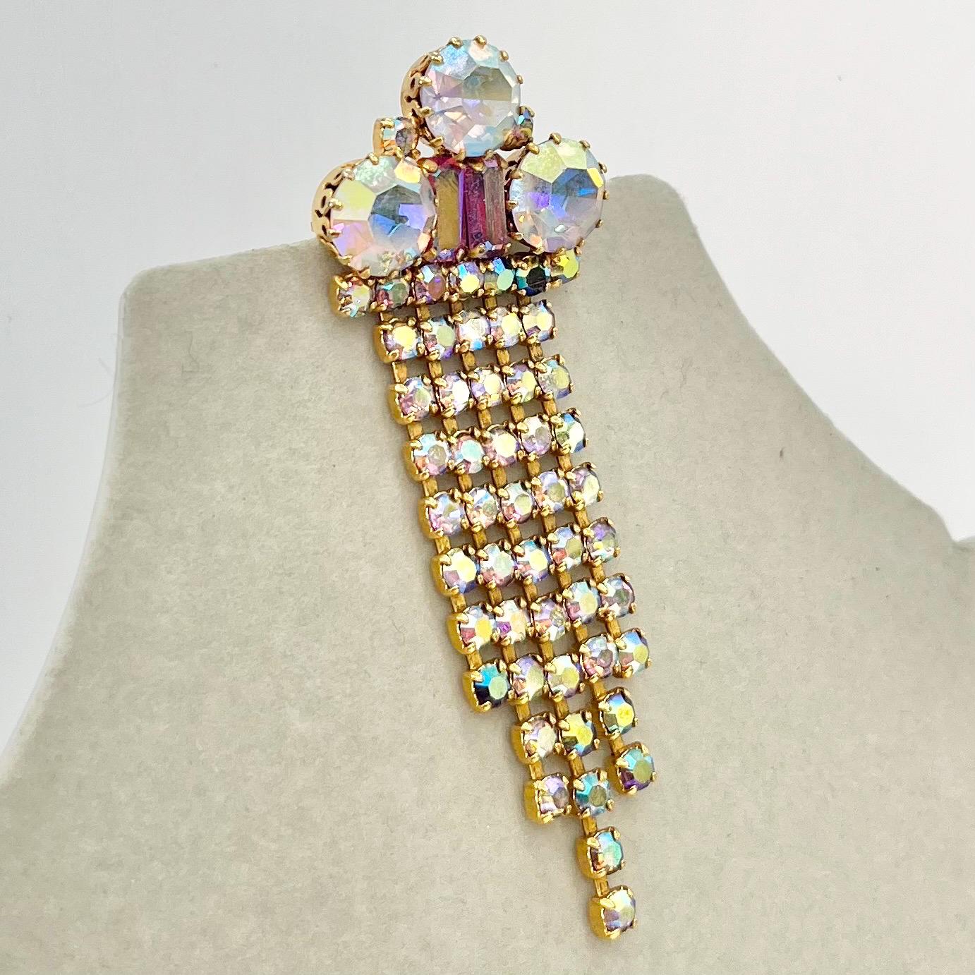 Vintage Aurora Borealis Austrian Crystal Long Tassle Drop Brooch Gold Plate Statement Piece TheGreenGlassGemShop