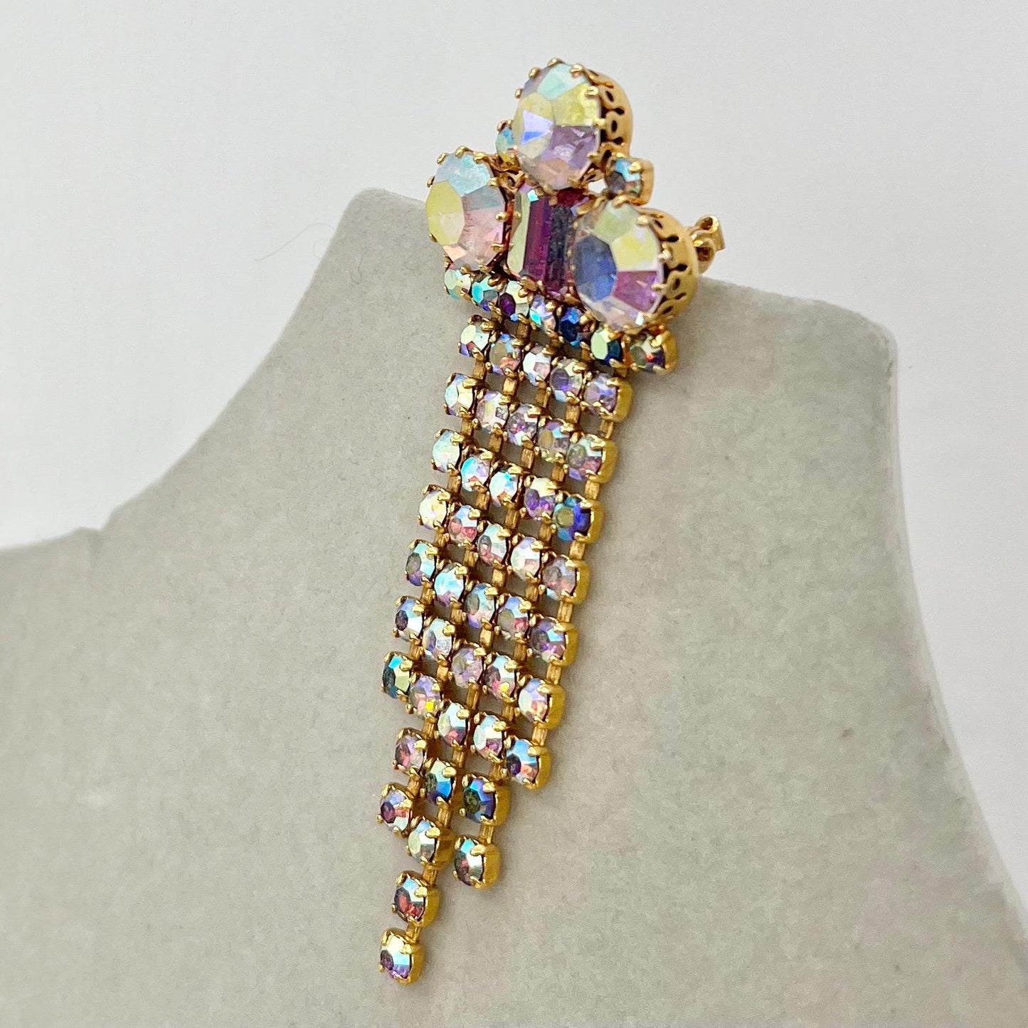 Vintage Aurora Borealis Austrian Crystal Long Tassle Drop Brooch Gold Plate Statement Piece TheGreenGlassGemShop