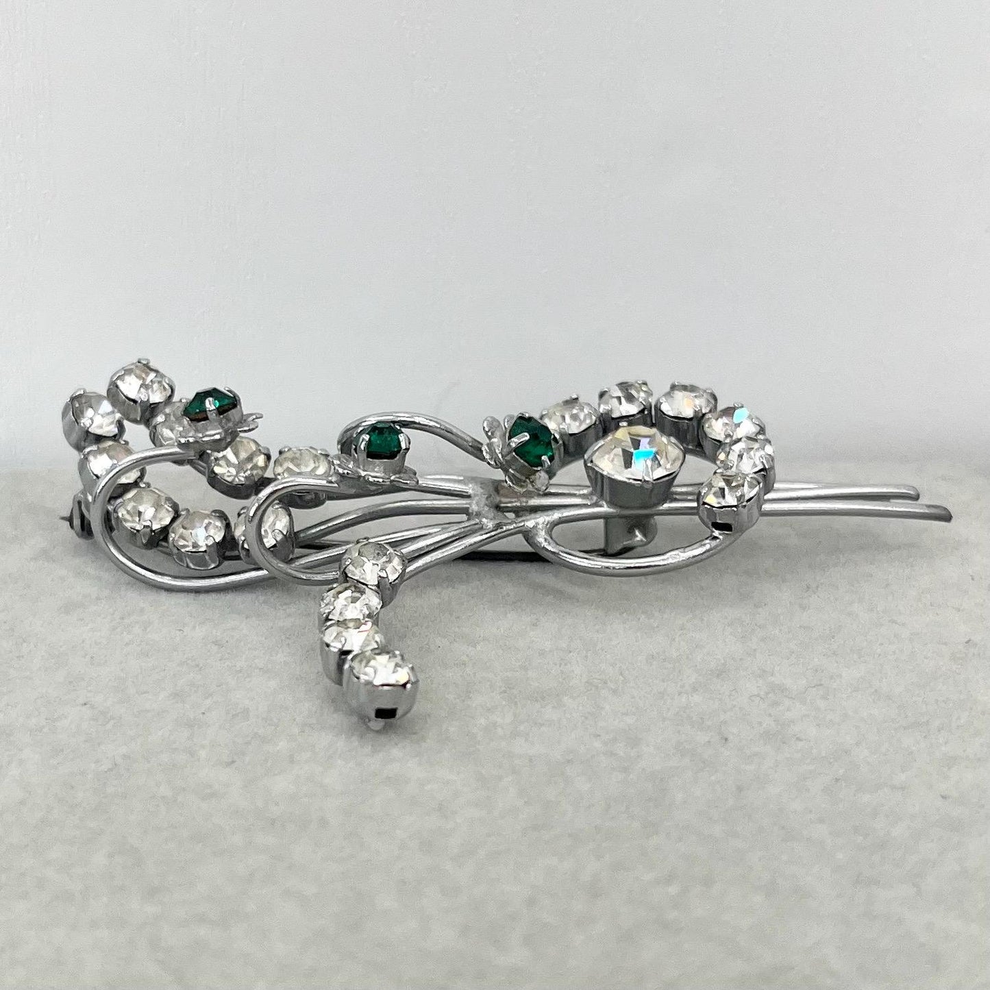 Vintage Large Floral Bouquet Spray Brooch with Emerald Green & Clear Crystals in a Silver Tone Setting Statement Piece TheGreenGlassGemShop