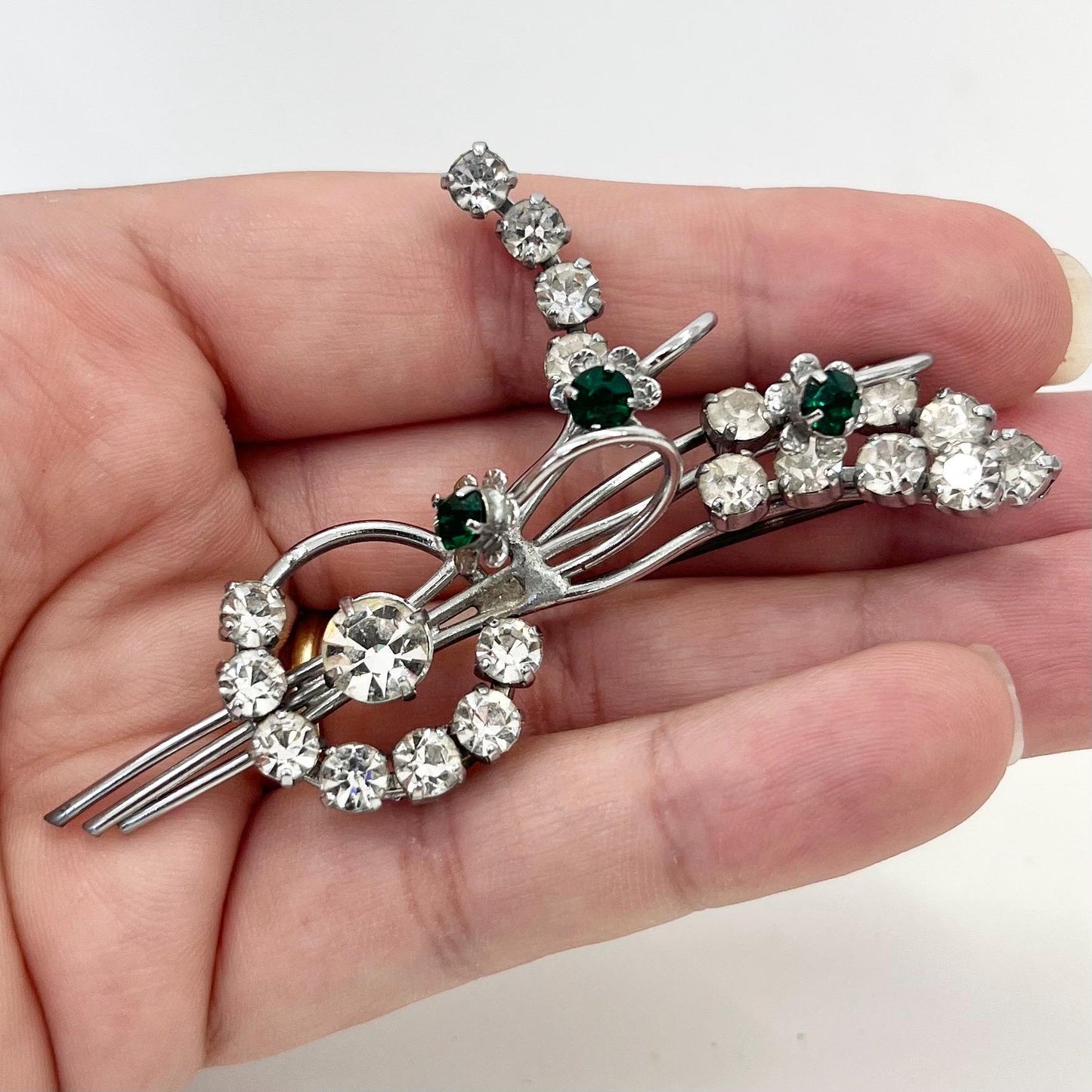 Vintage Large Floral Bouquet Spray Brooch with Emerald Green & Clear Crystals in a Silver Tone Setting Statement Piece TheGreenGlassGemShop