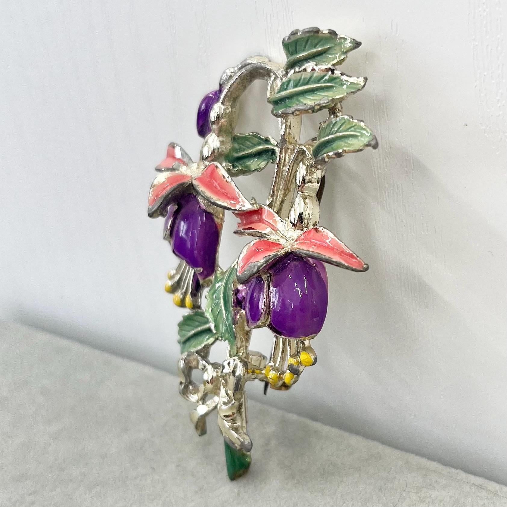 Vintage Exquisite Floral Fuchsia Enamelled Flower Brooch Purple Pink Green Light Gold Tone Statement Piece TheGreenGlassGemShop