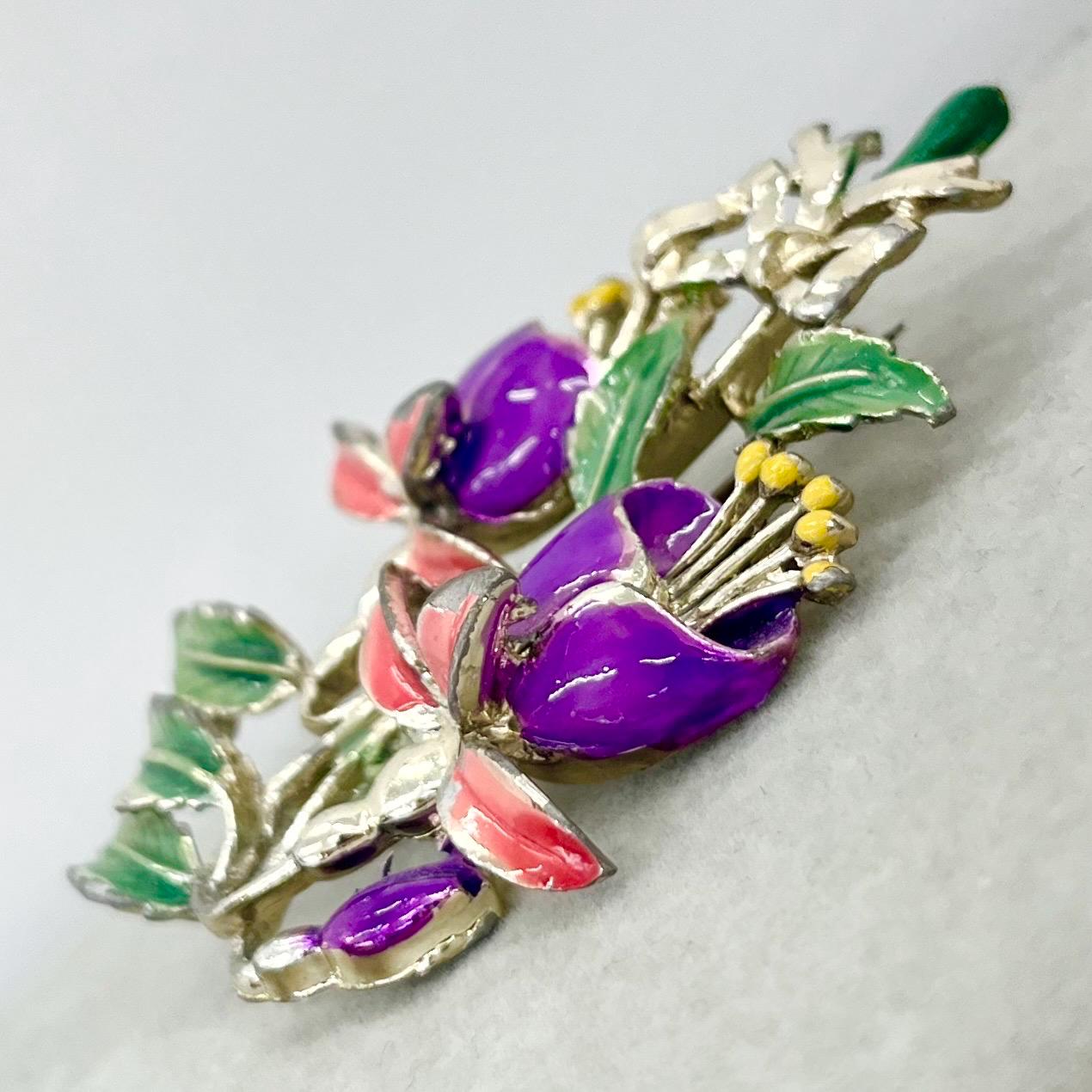 Vintage Exquisite Floral Fuchsia Enamelled Flower Brooch Purple Pink Green Light Gold Tone Statement Piece TheGreenGlassGemShop