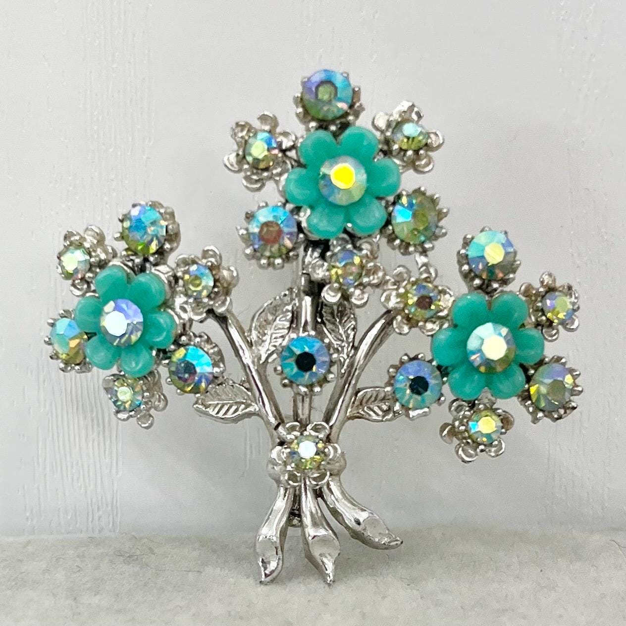 Vintage Aurora Borealis Green Crystal Floral Flower Bouquet Brooch Silver Tone TheGreenGlassGemShop