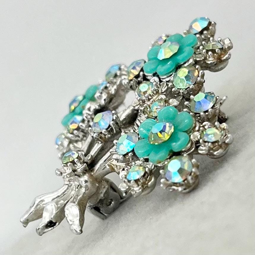 Vintage Aurora Borealis Green Crystal Floral Flower Bouquet Brooch Silver Tone TheGreenGlassGemShop