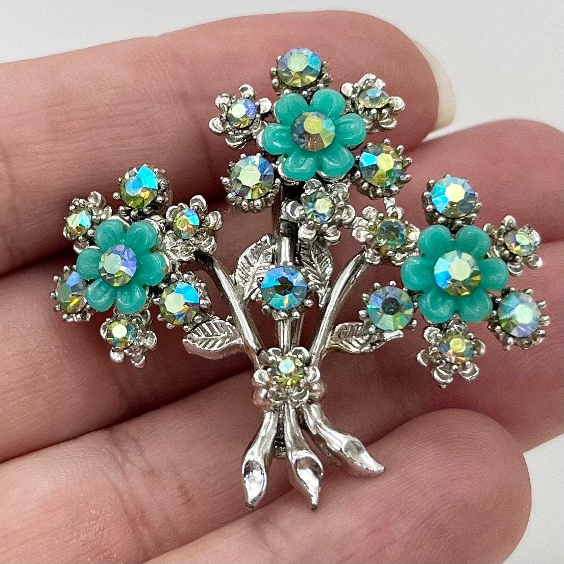 Vintage Aurora Borealis Green Crystal Floral Flower Bouquet Brooch Silver Tone TheGreenGlassGemShop