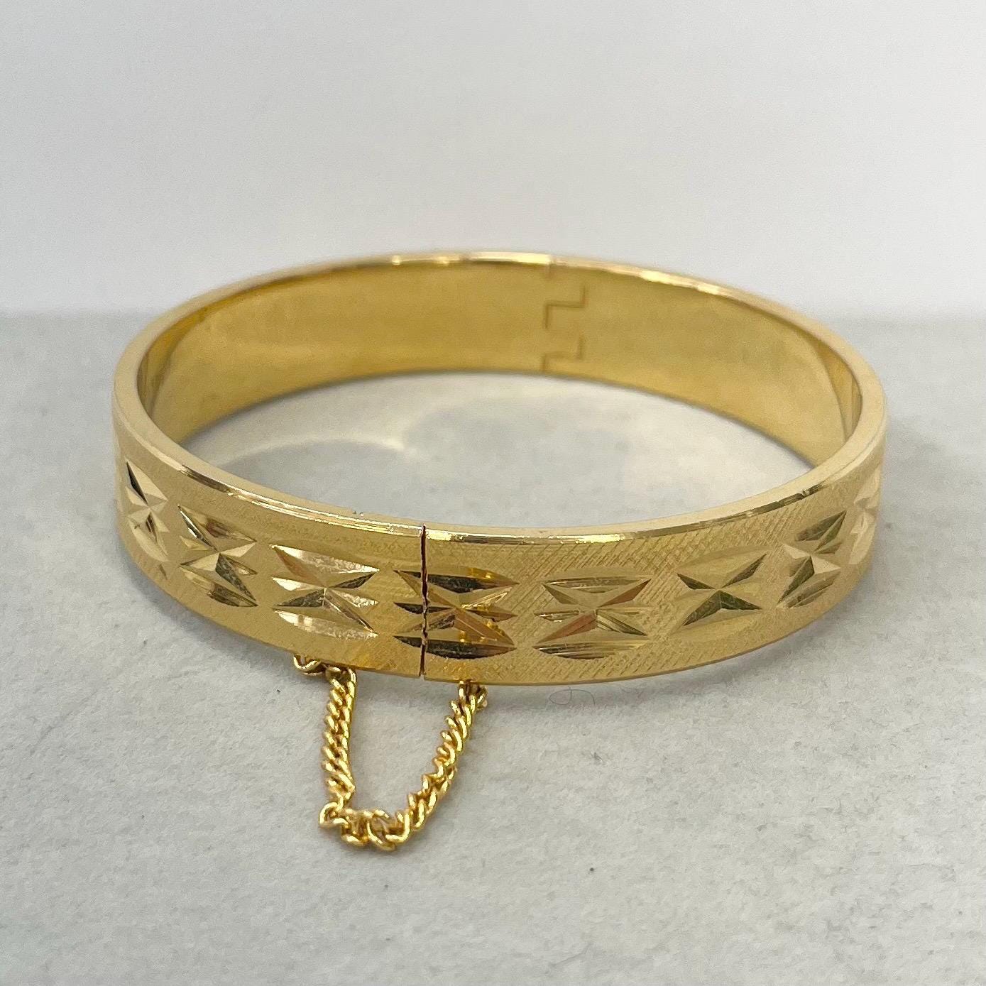 Vintage CHOW’S Gold Plate 1970’s 1980’s Engraved Pattern Bracelet Bangle with Safety Chain Costume Jewellery TheGreenGlassGemShop