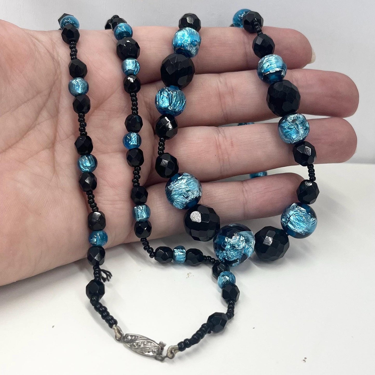 Vintage Aqua Blue Gold Foil Glass Bead Hand Knotted Necklace with Black Czech Firepolished Crystals 38” Long Lampwork Beads TheGreenGlassGemShop