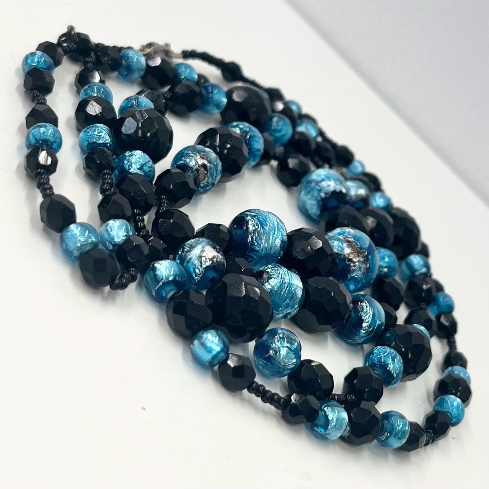 Vintage Aqua Blue Gold Foil Glass Bead Hand Knotted Necklace with Black Czech Firepolished Crystals 38” Long Lampwork Beads TheGreenGlassGemShop