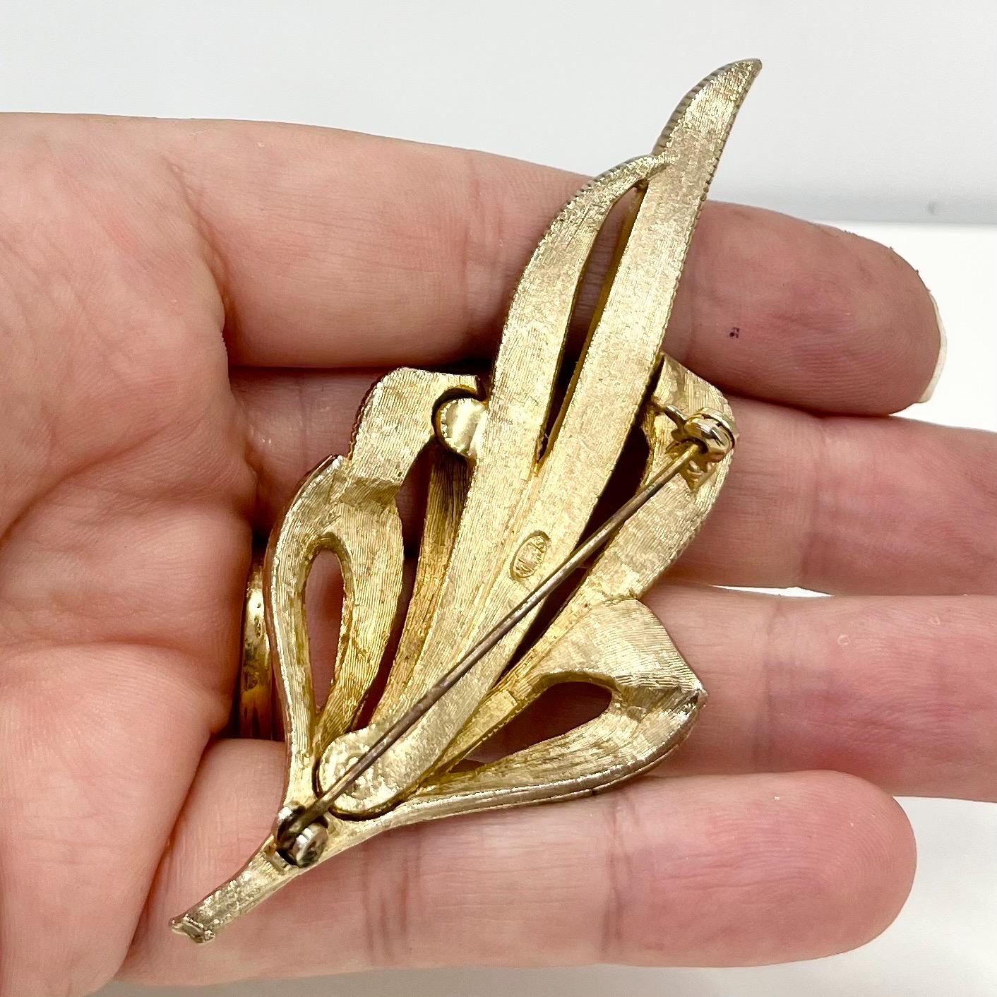 Vintage Sphinx Gold Tone Brooch Large Sweeping Ribbon / Leaf Design Contempory Costume Jewellery Statement Piece TheGreenGlassGemShop