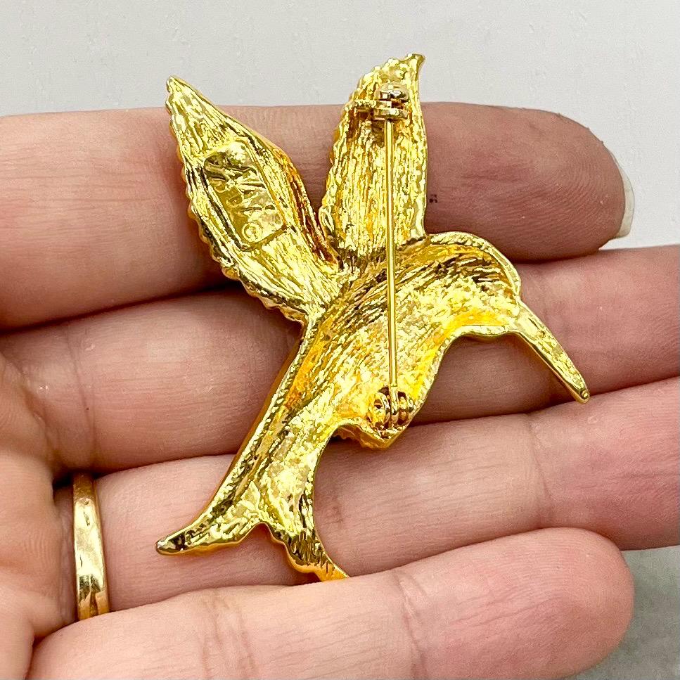 Vintage AAI Mocking Jay Bird Brooch Gold Tone with an Emerald Glass Crystal Eye Statement Piece TheGreenGlassGemShop