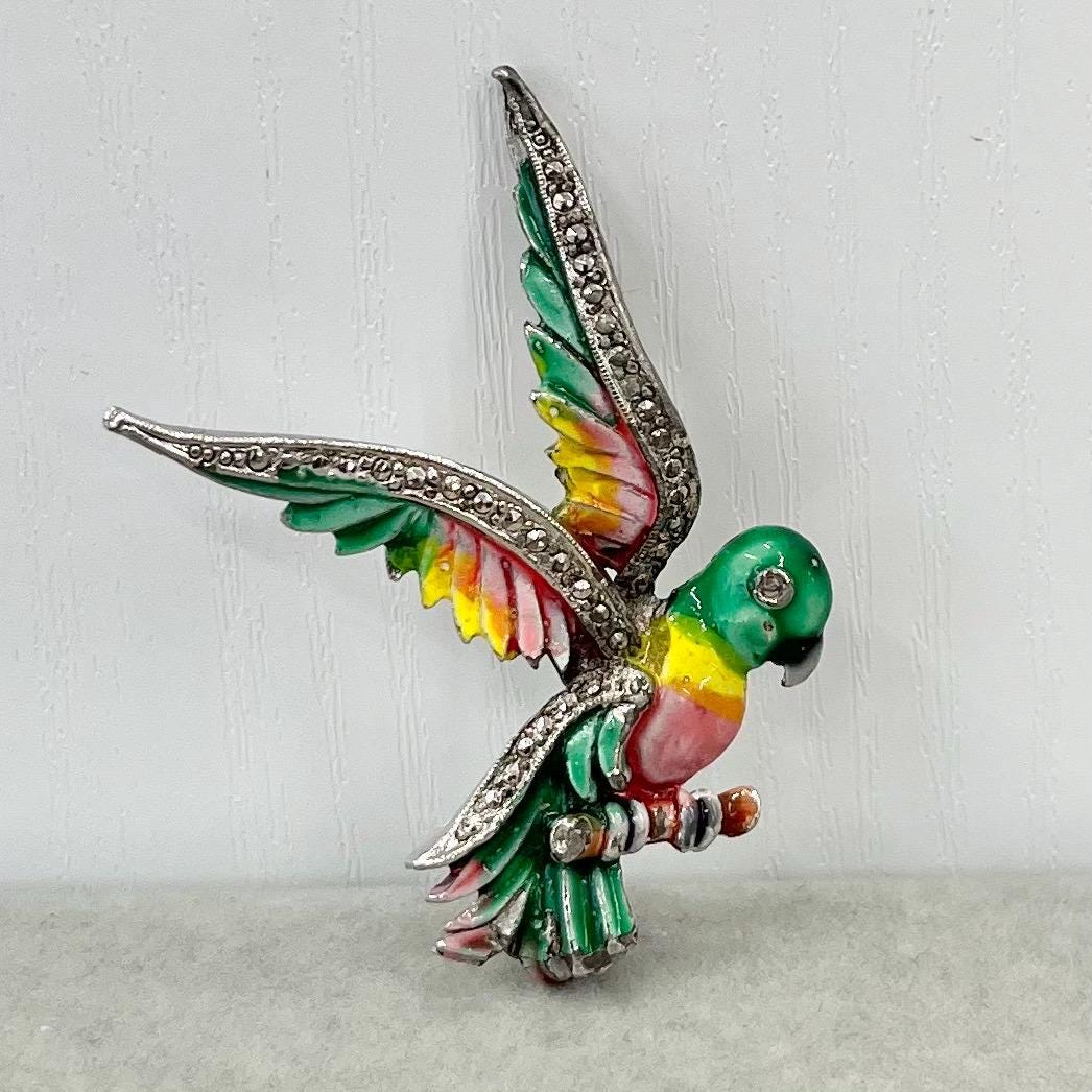 Vintage BJL Enamel Parrot Bird Brooch Silver Tone Setting with Marcasite 1960’s - 1970’s Bohemian Jewellery Ltd TheGreenGlassGemShop