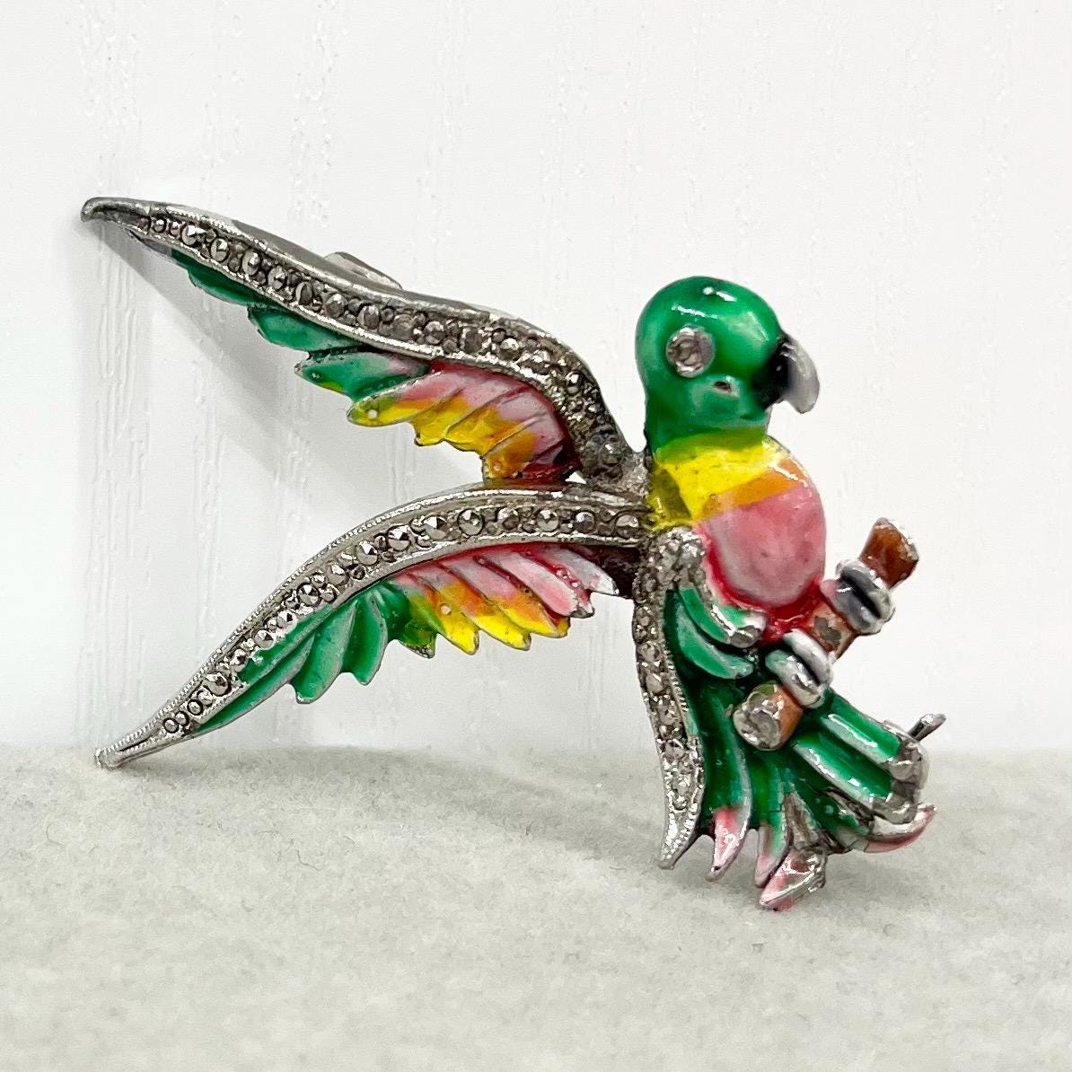 Vintage BJL Enamel Parrot Bird Brooch Silver Tone Setting with Marcasite 1960’s - 1970’s Bohemian Jewellery Ltd TheGreenGlassGemShop