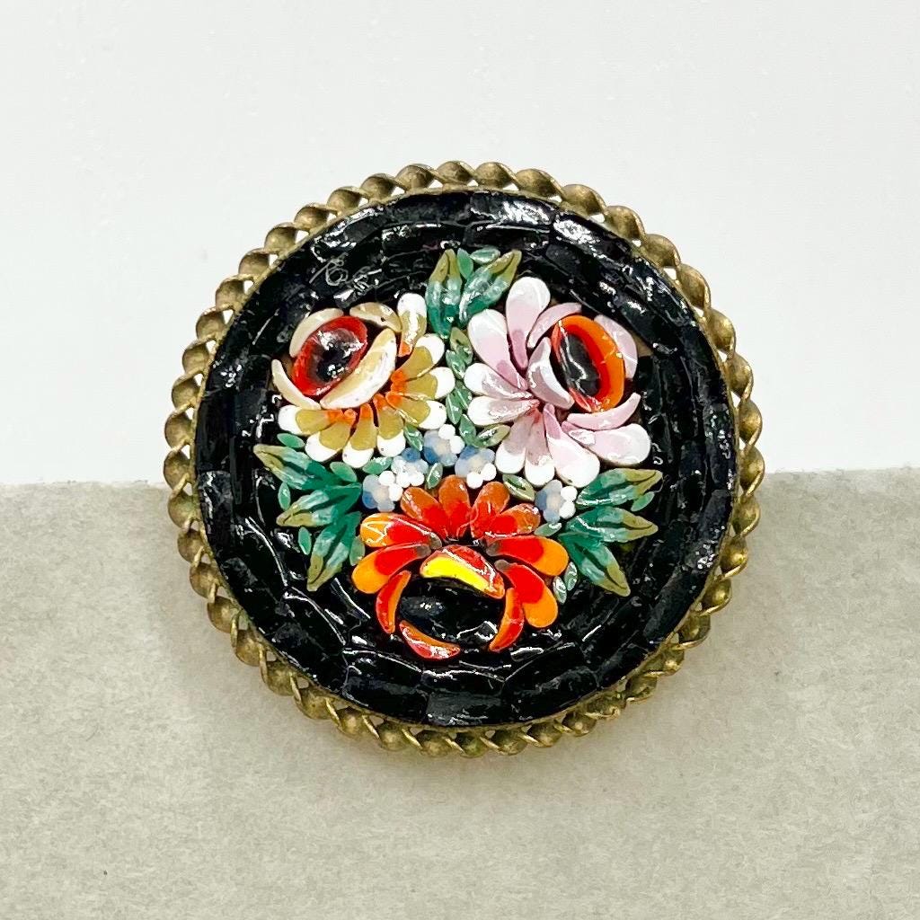 Vintage Micro Mosaic Floral Peony Brooch Gold Tone Setting Glass Mosaic Brooch TheGreenGlassGemShop