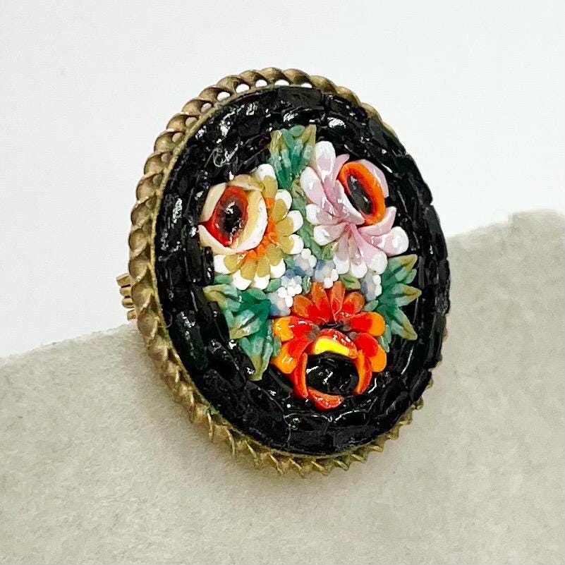 Vintage Micro Mosaic Floral Peony Brooch Gold Tone Setting Glass Mosaic Brooch TheGreenGlassGemShop