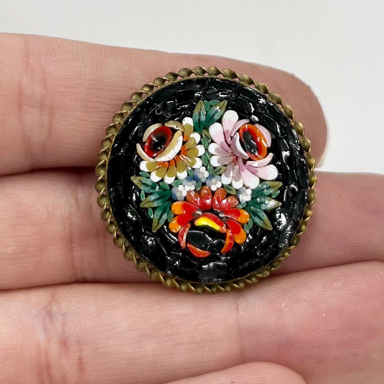 Vintage Micro Mosaic Floral Peony Brooch Gold Tone Setting Glass Mosaic Brooch TheGreenGlassGemShop