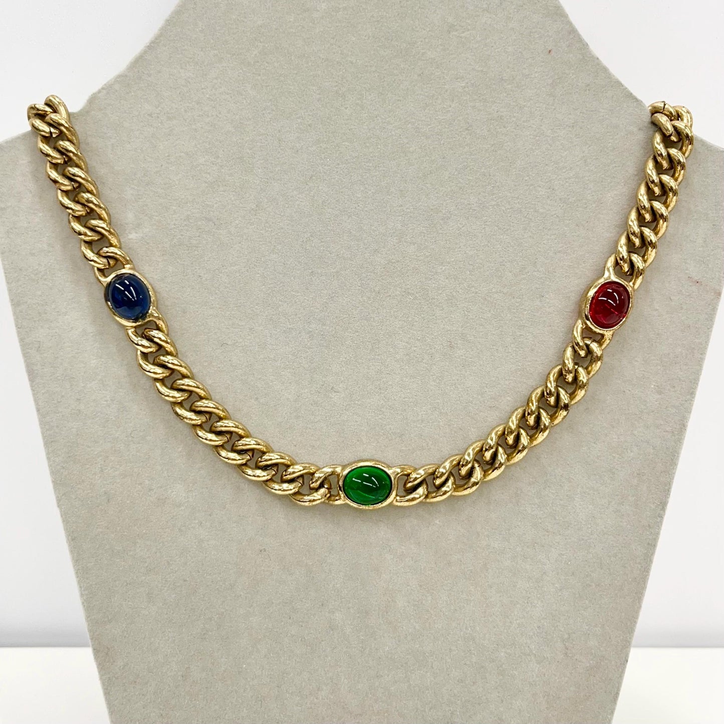 Vintage Gold Plated Chunky Curb Chain Necklace with Red Blue Green Glass Cabochon Accents 1970’s - 1980’s Statement Power Chain TheGreenGlassGemShop