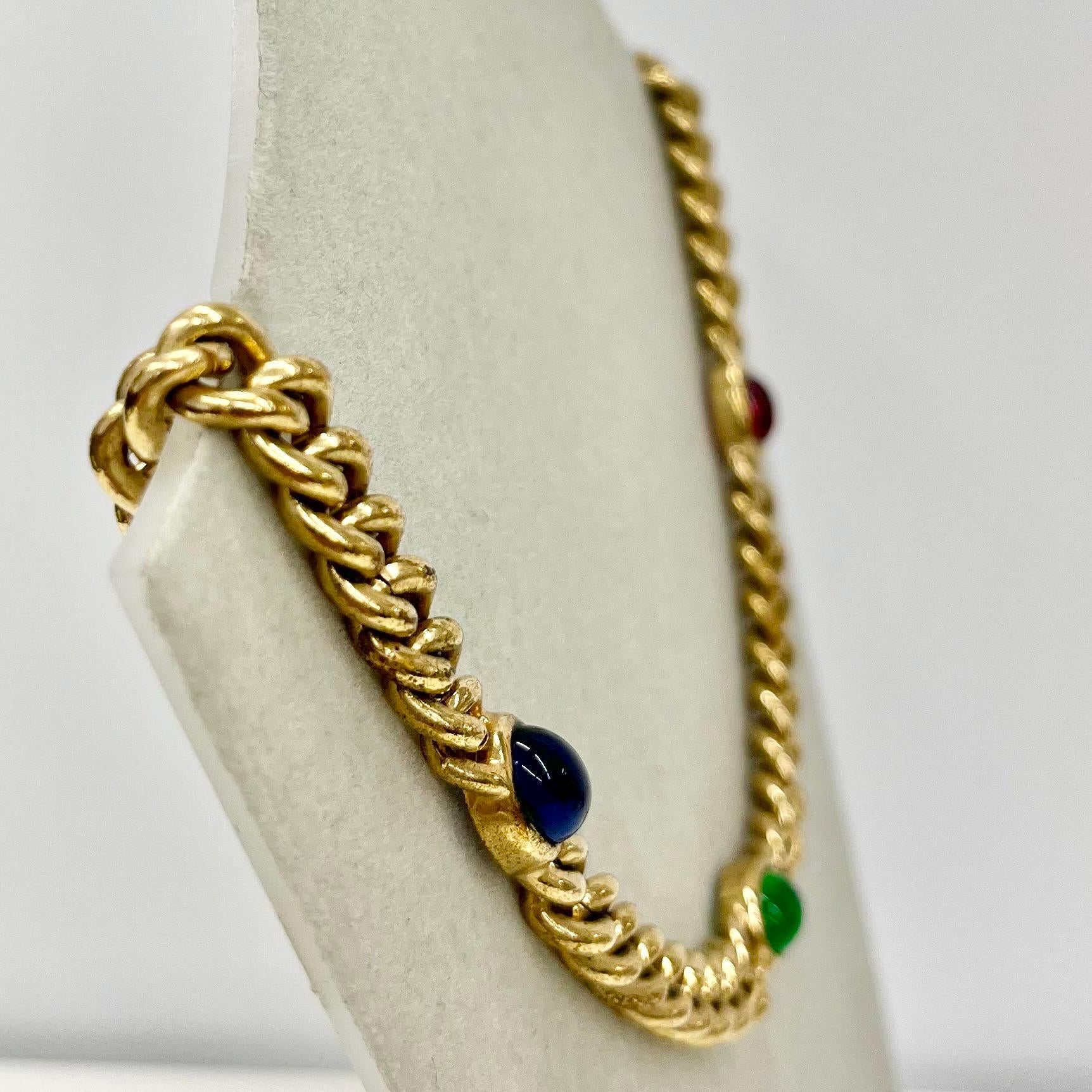 Vintage Gold Plated Chunky Curb Chain Necklace with Red Blue Green Glass Cabochon Accents 1970’s - 1980’s Statement Power Chain TheGreenGlassGemShop